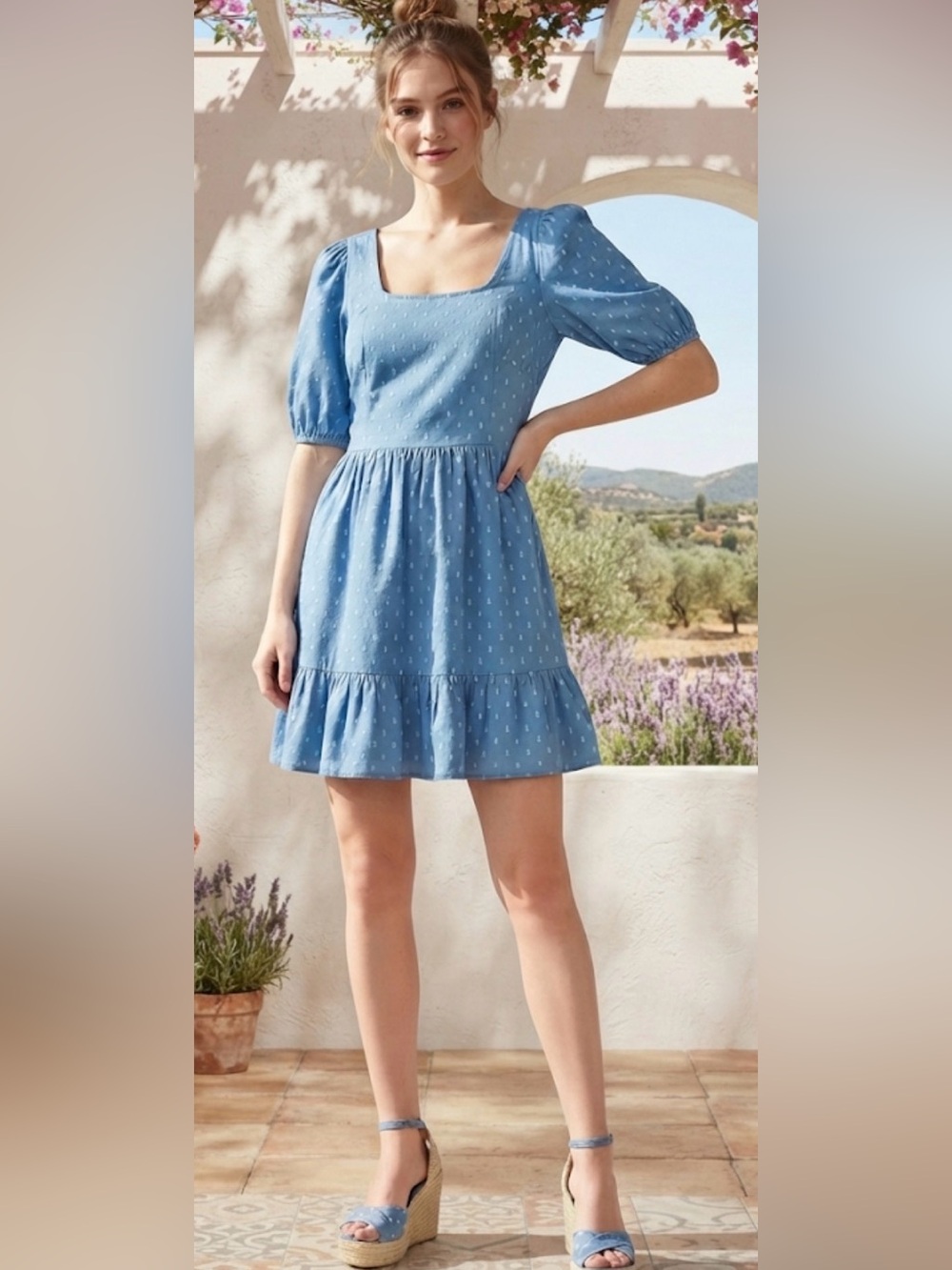 LOFT Chambray Blue Square-Neck Puff-Sleeve Mini Dress